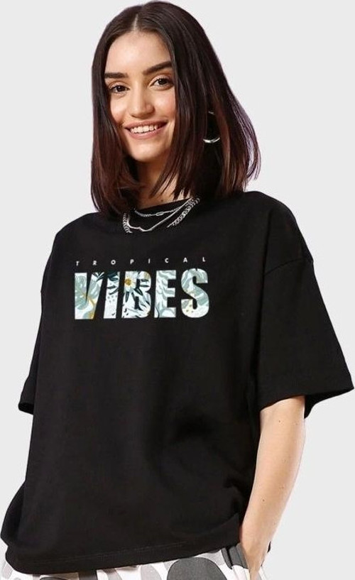 Baskılı Oversize T-shirt - Siyah