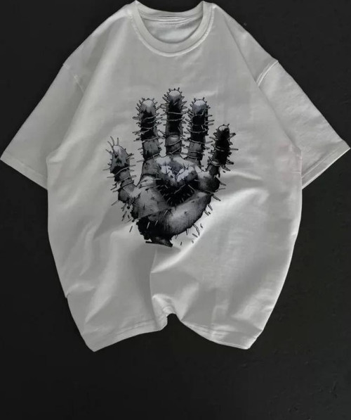 Unisex Bisiklet Yaka Baskılı Oversize T-Shirt - Beyaz