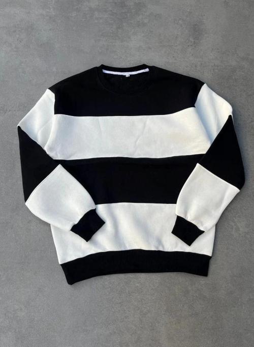 Parçalı Bisiklet Yaka Baskılı SweatShirt - Siyah