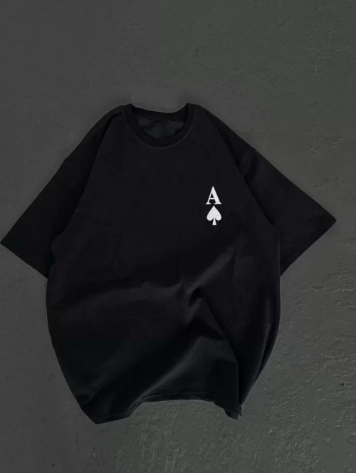 Unisex Bisiklet Yaka Baskılı Oversize T-Shirt - Siyah
