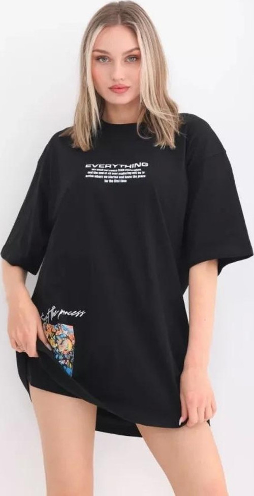 Unisex Bisiklet Yaka Baskılı Oversize T-Shirt - Siyah