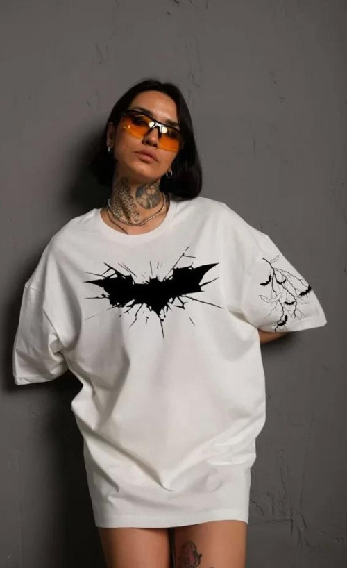 Unisex Ön Ve Kol Baskılı Oversize T-shirt - Beyaz
