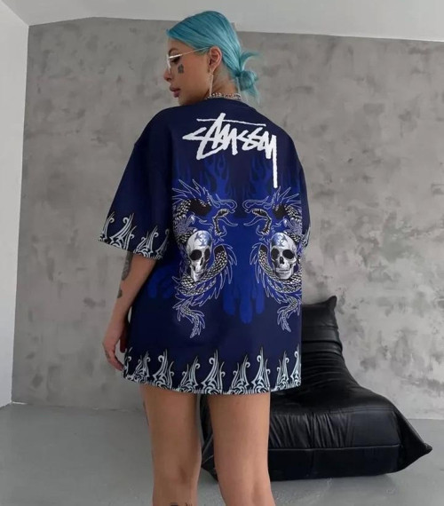 Unisex Bisiklet Yaka Baskılı Oversize T-Shirt - Lacivert