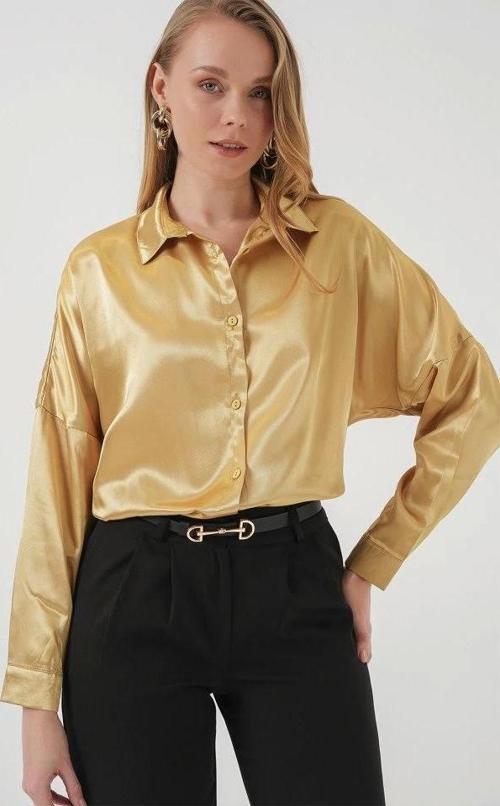 3985 Oversize Saten Gömlek - Altın Sarısı