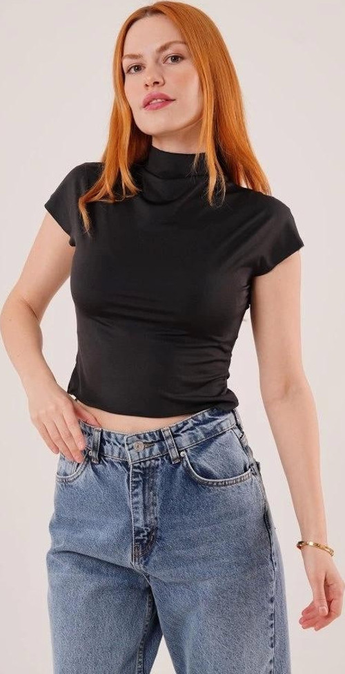 Boğazlı Parlak Kumaş Siyah Crop