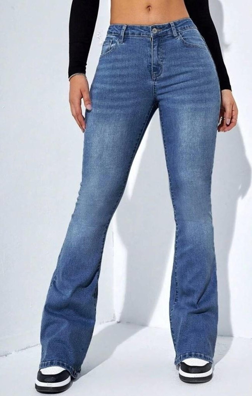 Kadın Yüksek Bel Cepli İspanyol Paçalı Kot Jeans Pantolon