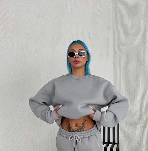 Kışlık Bisiklet Yaka Üç İplik Basic SweatShirt - Gri