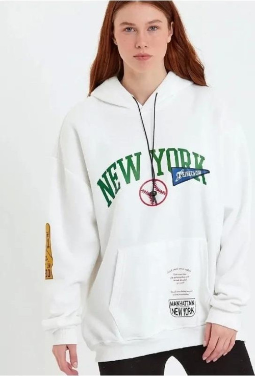 Baskılı Kapüşonlu Sweatshirt - Beyaz