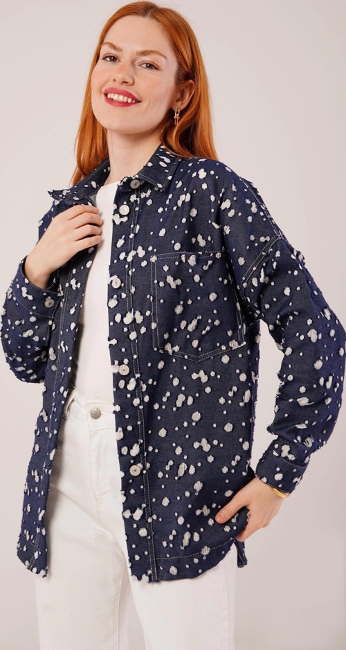 Eskitme Görünümlü Denim Mavi Gömlek