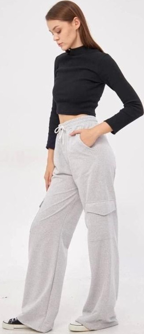 Kargo Cepli Palazzo Oversize Kesim İki Iplik Bol Paça Eşofman Altı Pantalon - Gri