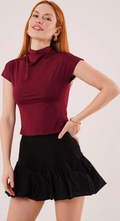 Boğazlı Parlak Kumaş Bordo Crop