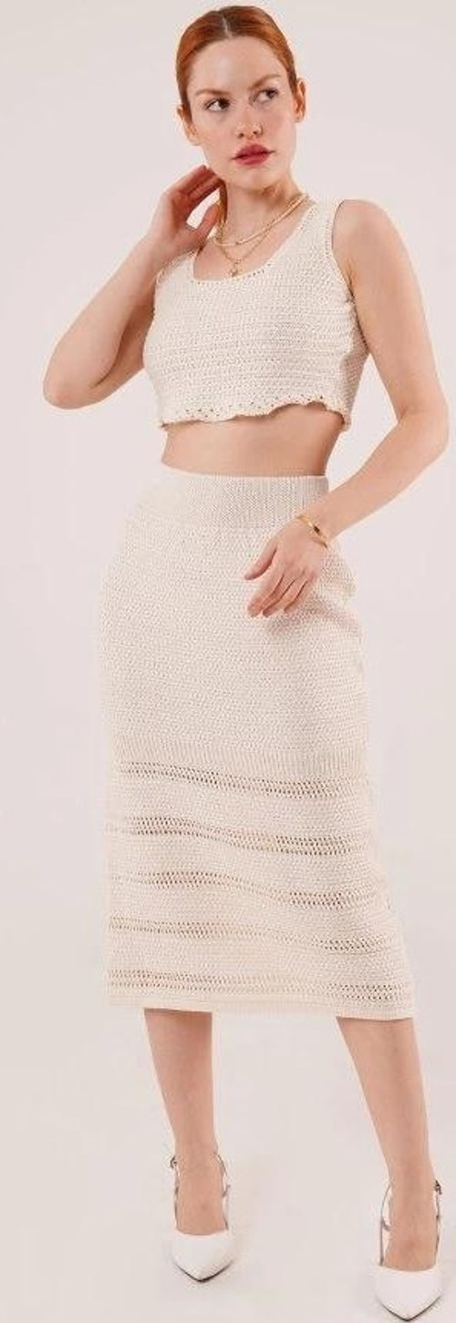 Örme Detaylı Etek Ve Bluz Krem Takım
