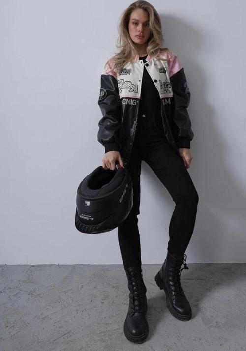 Motorcu Biker Ceket - Siyah-Pembe-Ekru