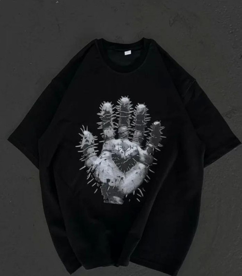 Unisex Bisiklet Yaka Baskılı Oversize T-Shirt - Siyah