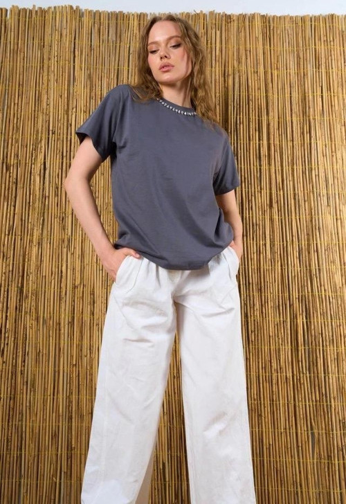 Yakası Taşlı Tshirt - Füme