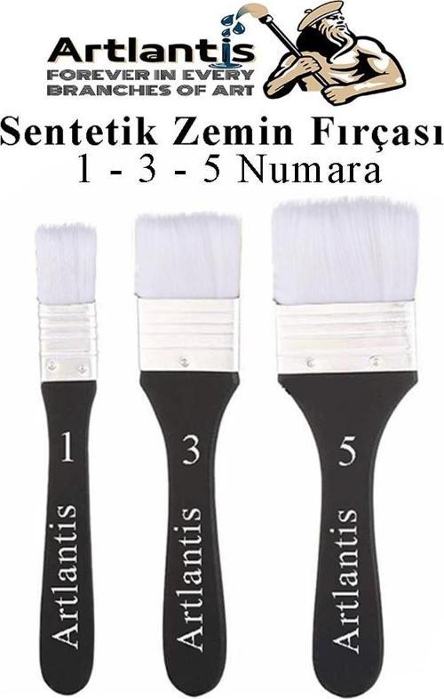 Zemin Fırçası 1, 3 ve 5 Numara 3 Adet Siyah Saplı Beyaz Fırça Kıllı Sentetik İpek Uçlu Kıl Akrilik Guaj Yağlı Boya Fırça