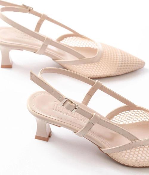 K-607 Bej Günlük Fileli Arkası Açık 7 Cm Topuklu Bayan Ayakkabı