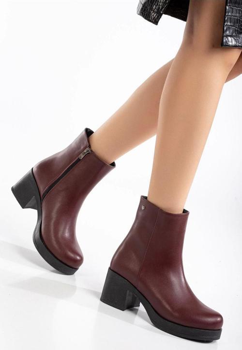 5109-3022 Bordo Fermuarlı Kalın Topuklu Günlük Kadın Bot