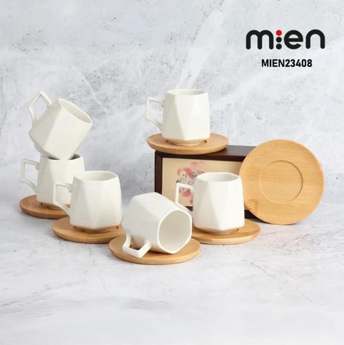 Dayanıklı Bambu Tabaklı Köşeli Porselen Fincan Takımı 6 Kişilik -23408