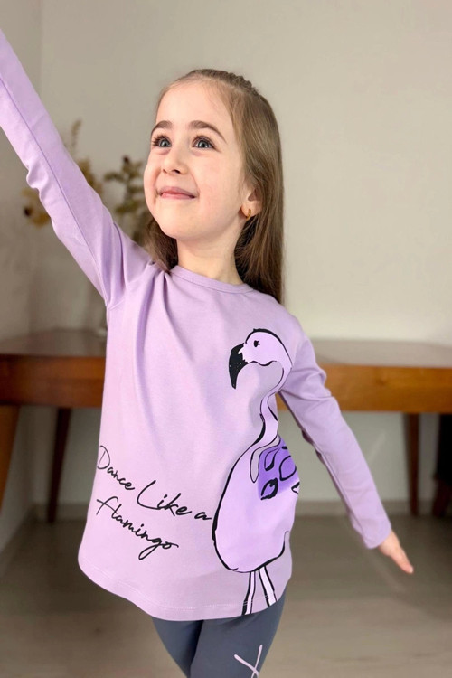 Flamingo Desenli Lila Renk Kız Çocuk Taytlı Takım