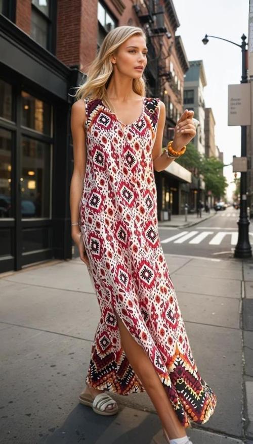 Kadın Viskon Kalın Askılı Etnik Desenli Salaş Uzun Elbise 3650250