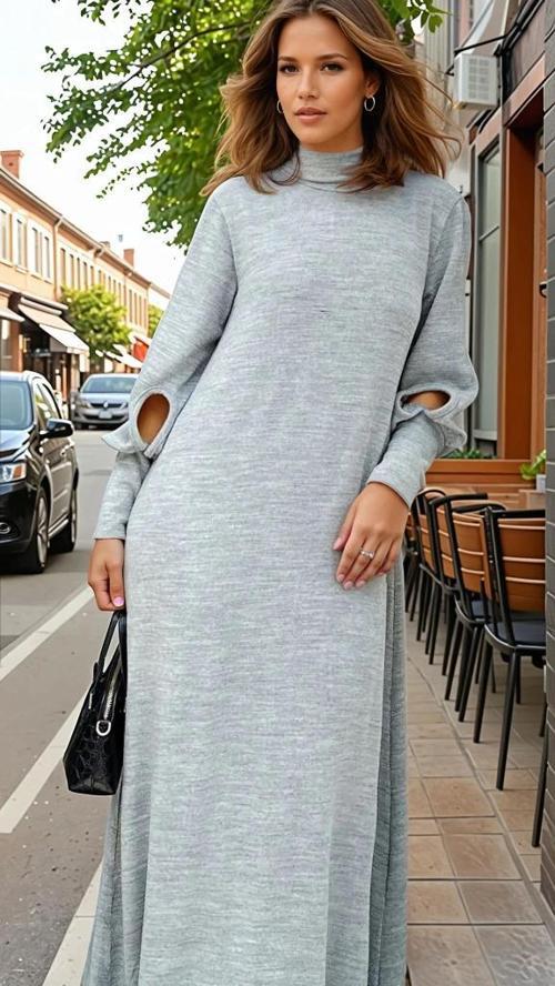 Kadın Uzun Kollu Manşetli Balon Kol A Kesim Akrilik Salaş Triko Elbise 3444300