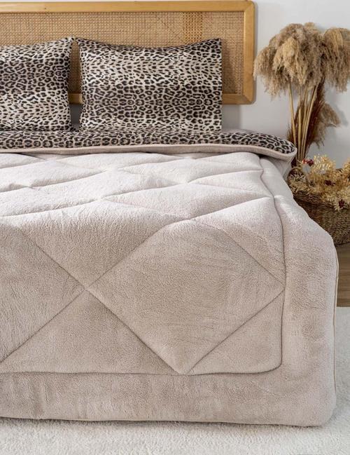 Bej Leopar Loura Çift Kişilik Çift Taraflı Lüx Wellsoft Yorgan Seti 195x215 cm