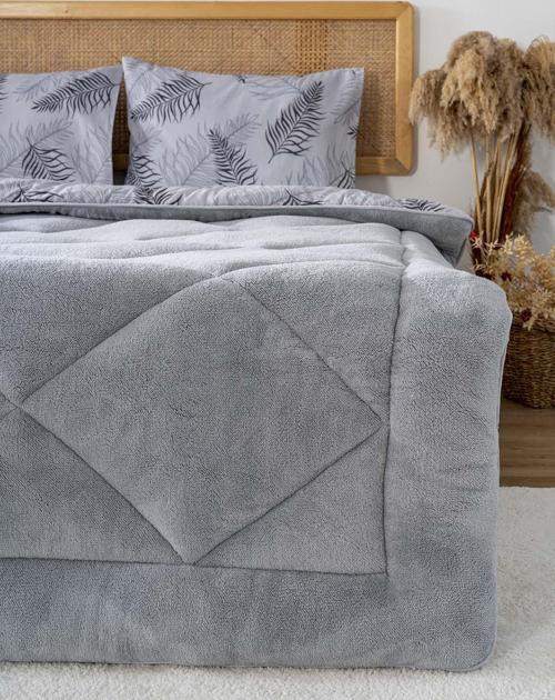 Gri Yaprak Loura Çift Kişilik Çift Taraflı Lüx Wellsoft Yorgan Seti 195x215 cm