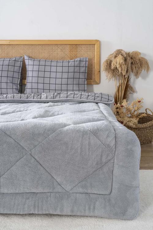 Gri Kareli Loura Tek Kişilik Çift Taraflı Lüx Wellsoft Yorgan Seti 155x215 cm