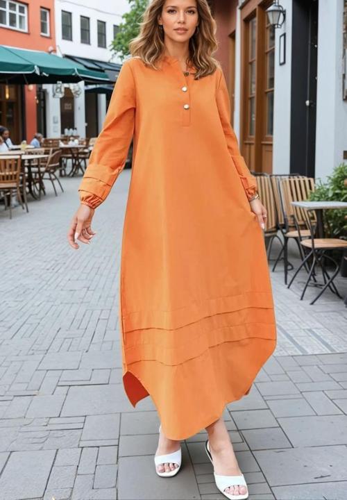 Kadın Hakim Yaka, Kol ve Etek Katlama Detaylı Salaş Uzun Kollu Poplin Elbise 3517300