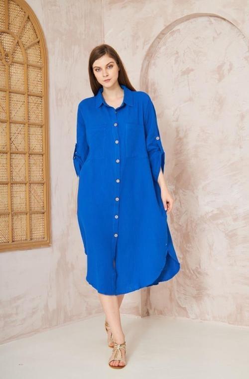 Kadın Müslin Extra Geniş Oversize Yarasa Kol Cepli Uzun Kollu Yazlık Gömlek Elbise 3440440
