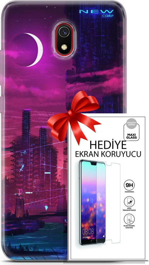 Xiaomi Redmi 8A Kılıf Orijinal Seri Cyberpunk 27 New Corp Lazer Kesim Silikon Ekran Koruyucu
