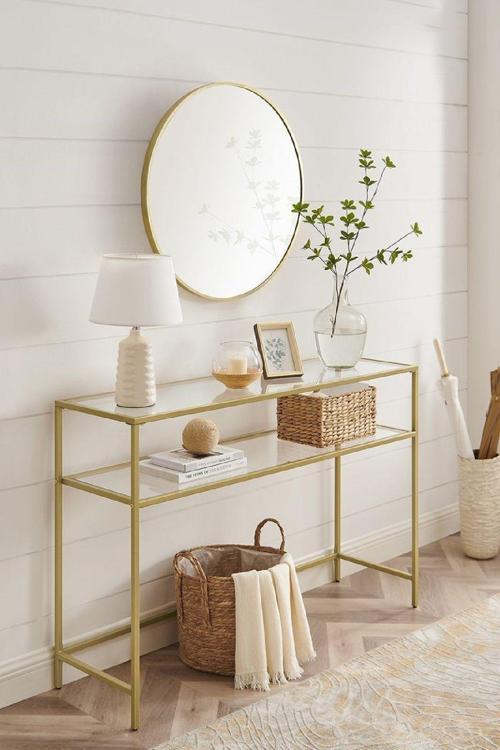 Toliahome Modern 2 Katlı Gold Renk Metal Iskeletli Temper Cam Raflı Dresuar Konsol 90x30 cm