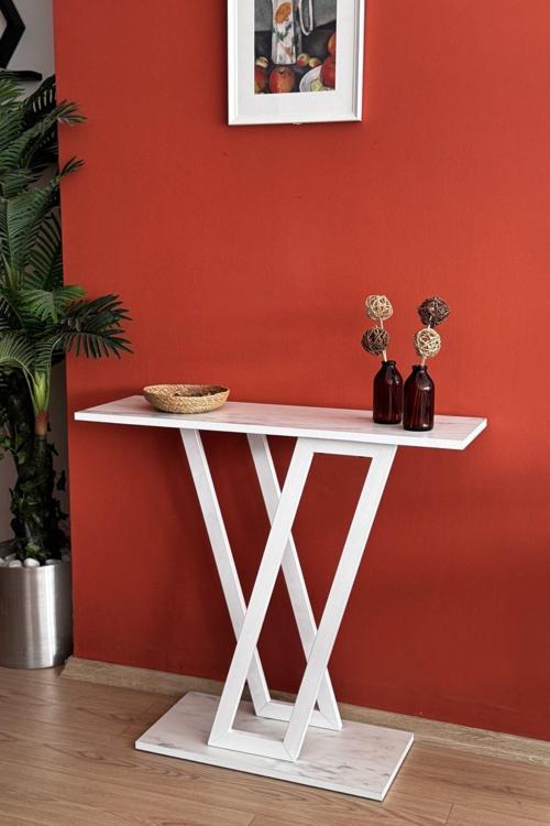 Toliahome Beyaz Renk Metal Ayaklı Dresuar Konsol 90x30 cm