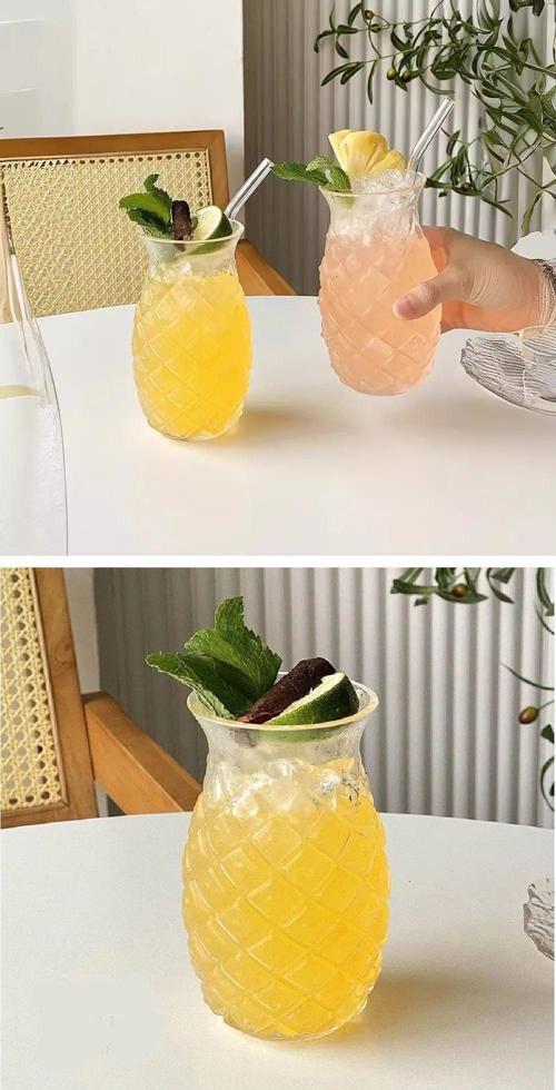 Büro Ev Ofis İçecek Keyfi için Tekli Pipetli Ananas Stil Bardak Cam Kokteyl Bardağı
