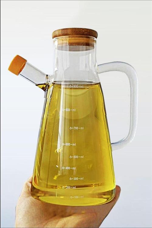 Büro Ev Ofis Mutfağı için 900ML Isıya Dayanıklı Cam Bambu Kapaklı Sirke Limon Sos Yağdanlık