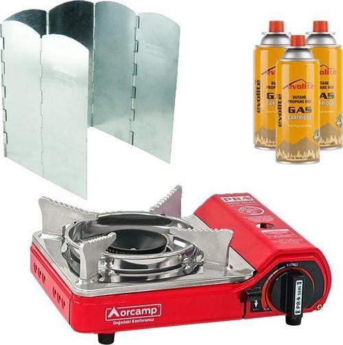 Mini Portatif Kamp Ocağı Kırmızı + 6 Kanatlı Rüzgarlık + 3 Evolite 227 gr Gaz Kartuşu EVO-004-E2