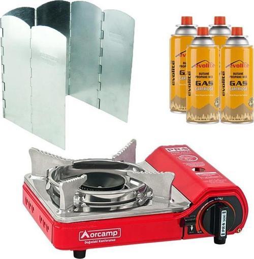 Mini Portatif Kamp Ocağı Kırmızı + 6 Kanatlı Rüzgarlık + 4 Evolite 227 gr Gaz Kartuşu EVO-004-E3