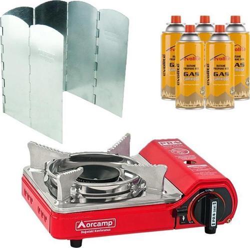 Mini Portatif Kamp Ocağı Kırmızı + 6 Kanatlı Rüzgarlık + 5 Evolite 227 gr Gaz Kartuşu EVO-004-E4