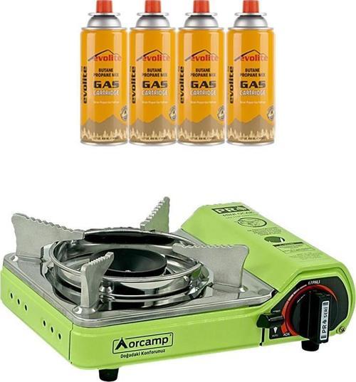 Mini Portatif Kamp Ocağı Yeşil + 4 Evolite 227 gr Gaz Kartuşu EVO-006-A3