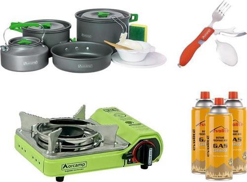 Mini Portatif Kamp Ocağı Yeşil + 4'lü Tencere Seti + ÇKB(OUT-1350-K) + 3 Evolite 227 gr Gaz Kartuşu EVO-006-D1