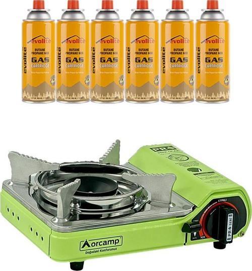 Mini Portatif Kamp Ocağı Yeşil + 6 Evolite 227 gr Gaz Kartuşu EVO-006-A5
