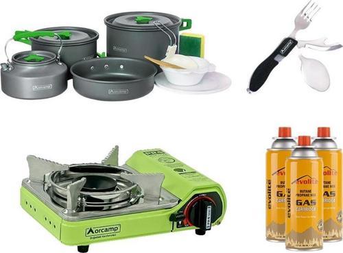 Mini Portatif Kamp Ocağı Yeşil+ 4'lü Tencere Seti + ÇKB(OUT-1350-S) + 3 Evolite 227 gr Gaz Kartuşu EVO-006-D2