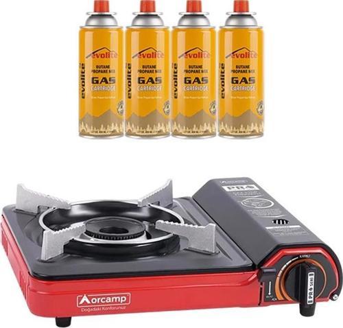 Portatif Kamp Ocağı Kırmızı + 4 Evolite 227 gr Gaz Kartuşu EVO-002-A3