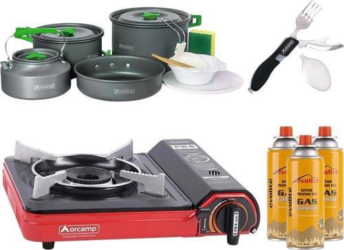 Portatif Kamp Ocağı Kırmızı + 4'lü Tencere Seti + ÇKB(OUT-1350-S) + 3 Evolite 227 gr Gaz Kartuşu EVO-002-D2