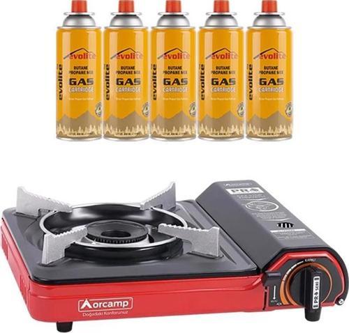 Portatif Kamp Ocağı Kırmızı + 5 Evolite 227 gr Gaz Kartuşu EVO-002-A4