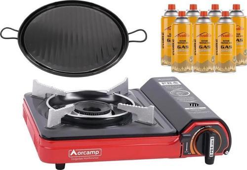 Portatif Kamp Ocağı Kırmızı + Emaye Tava + 7 Evolite 227 gr Gaz Kartuşu EVO-002-C6