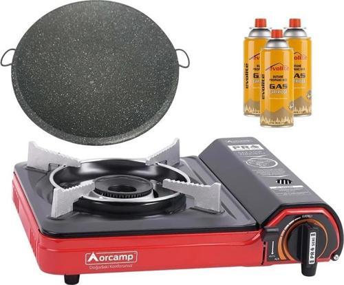 Portatif Kamp Ocağı Kırmızı + Granit Katmer + 3 Evolite 227 gr Gaz Kartuşu EVO-002-F2