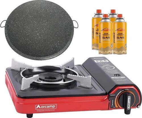 Portatif Kamp Ocağı Kırmızı + Granit Katmer + 4 Evolite 227 gr Gaz Kartuşu EVO-002-F3