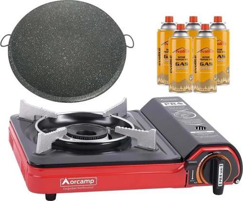 Portatif Kamp Ocağı Kırmızı + Granit Katmer + 5 Evolite 227 gr Gaz Kartuşu EVO-002-F4